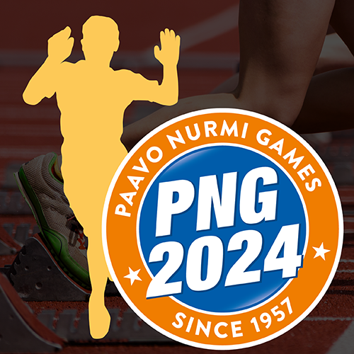 Paavo Nurmi Games 2024 -logo, jonka takana keltainen juoksijahahmo